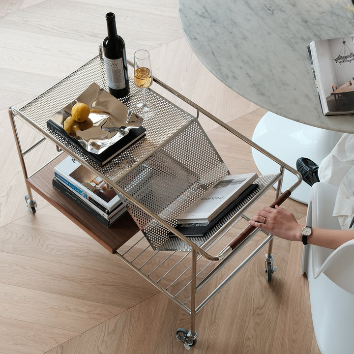 Industrial steel wheeled trolley side table manda color swatches.