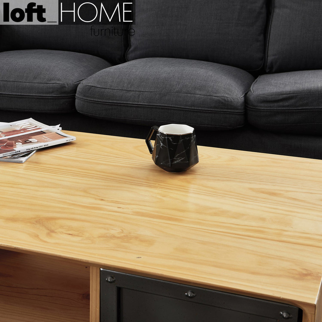 Industrial wood coffee table loftsteel in still life.