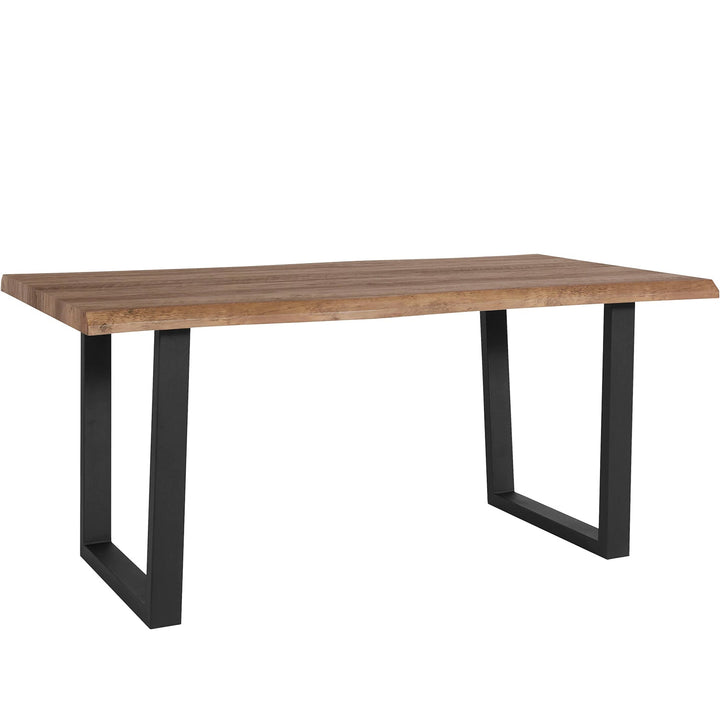 Industrial wood dining table live edge layered structure.
