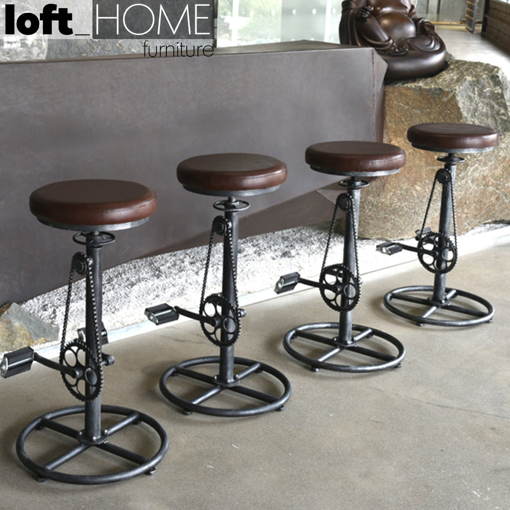 Industrial wood height adjustable bar stool bicycle primary product view.