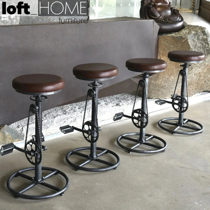 Industrial leather height adjustable bar stool bicycle primary product view.