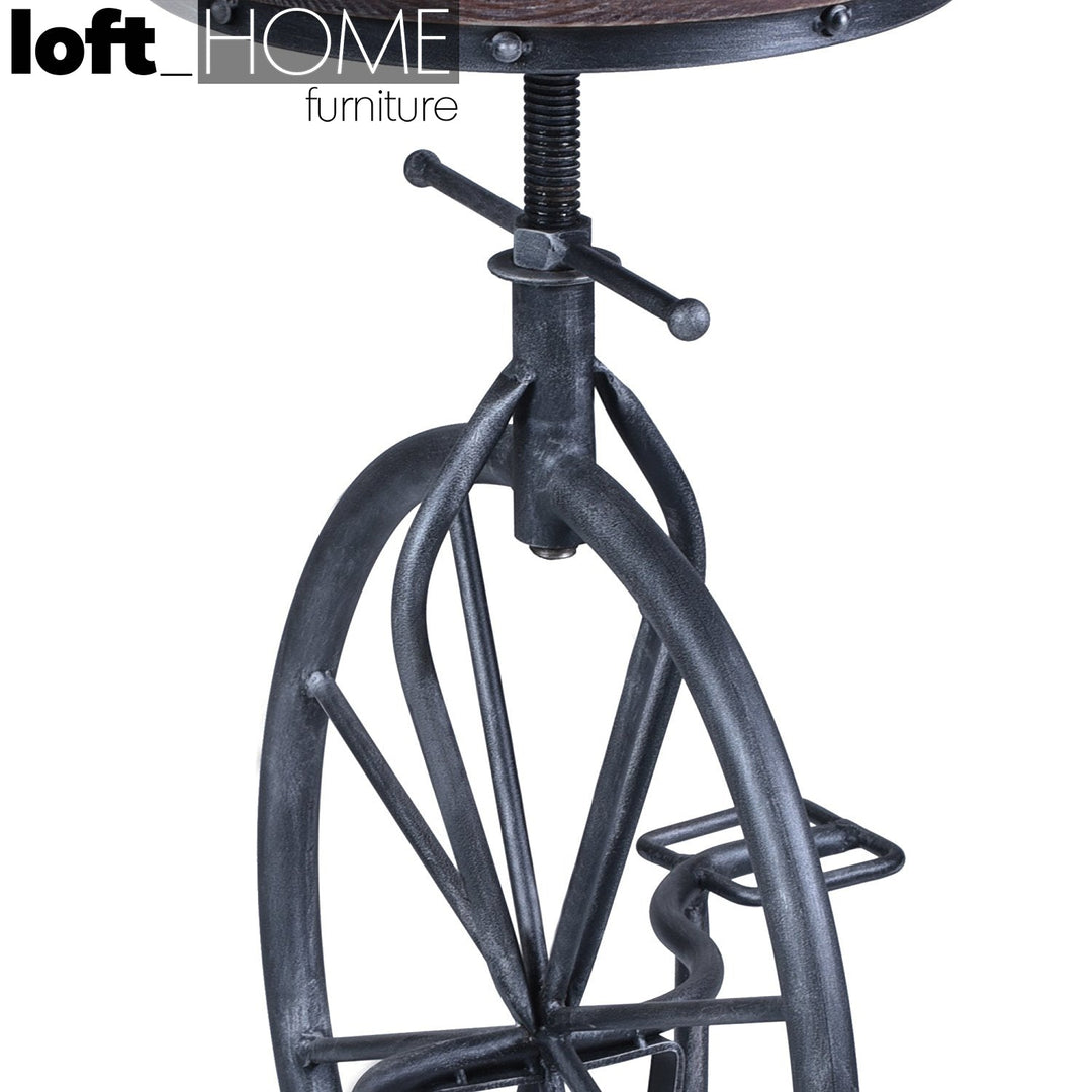 Industrial wood height adjustable bar stool bike material variants.