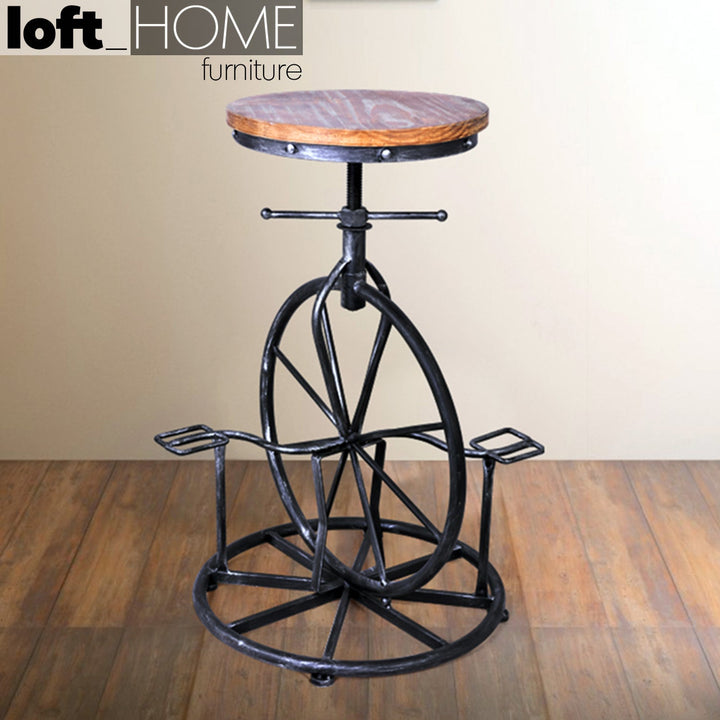 Industrial wood height adjustable bar stool bike primary product view.