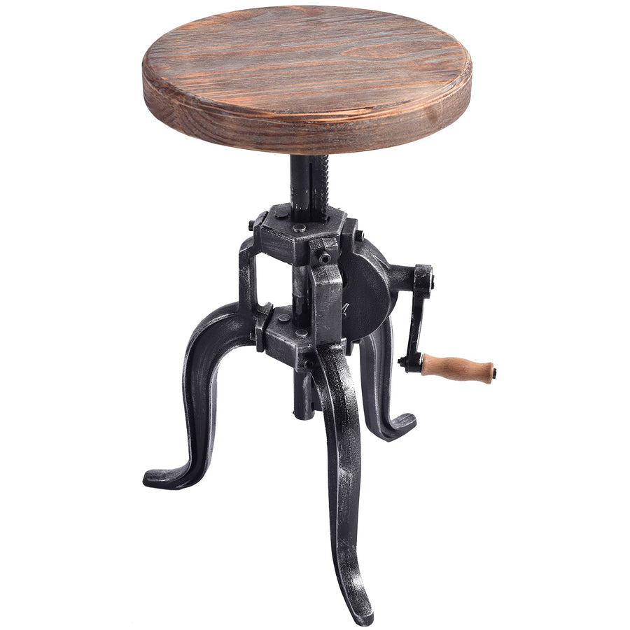 Industrial wood height adjustable stool crank in white background.