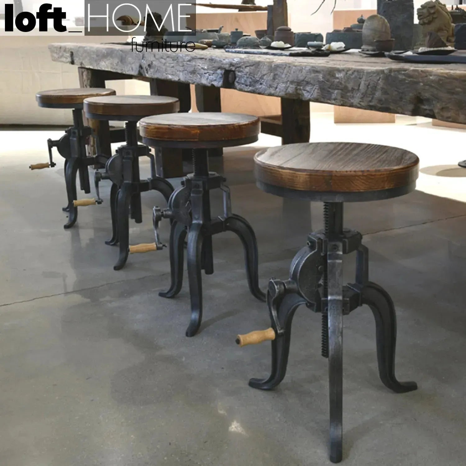 Industrial Wood Height Adjustable Stool CRANK LOFT HOME