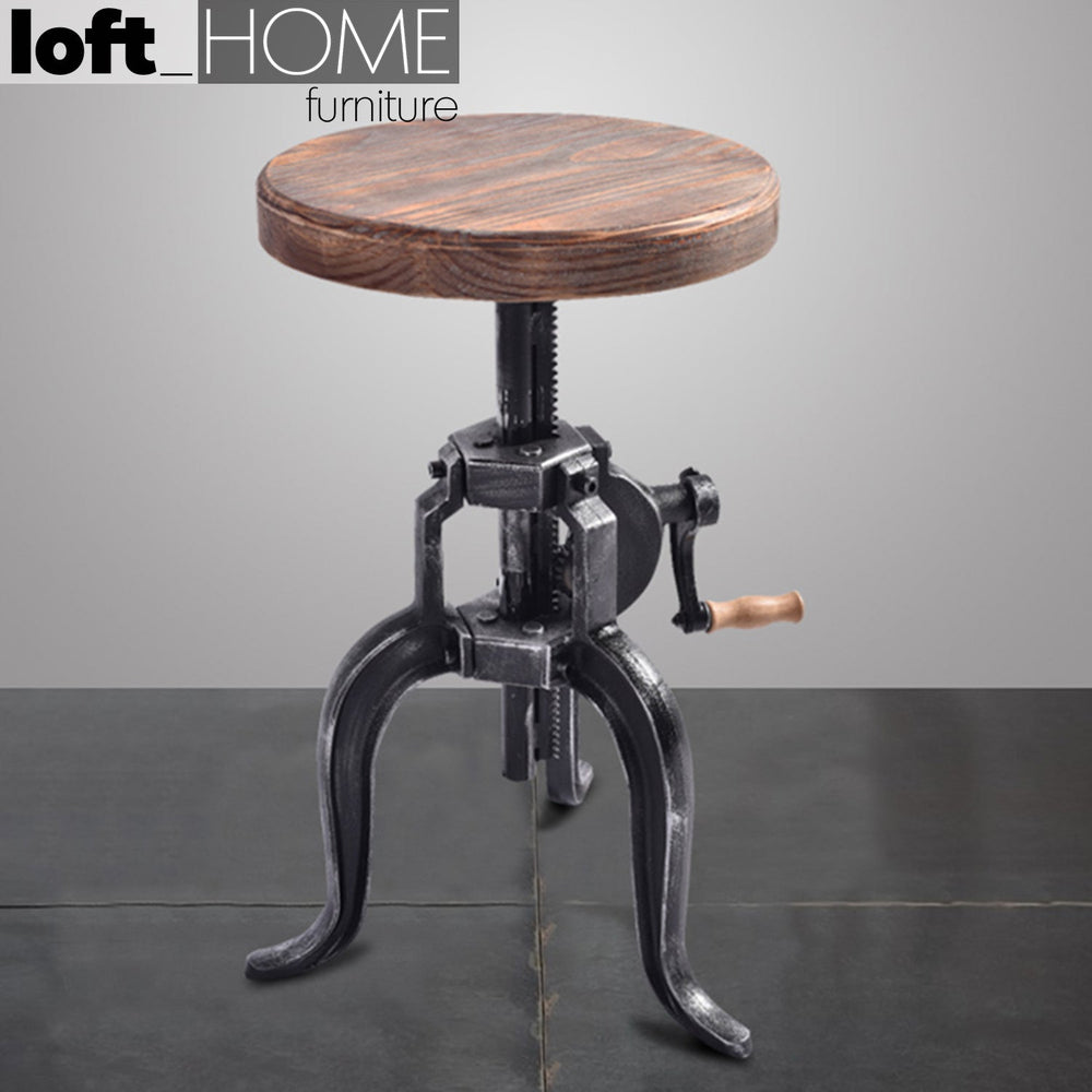 Industrial wood height adjustable stool crank primary product view.