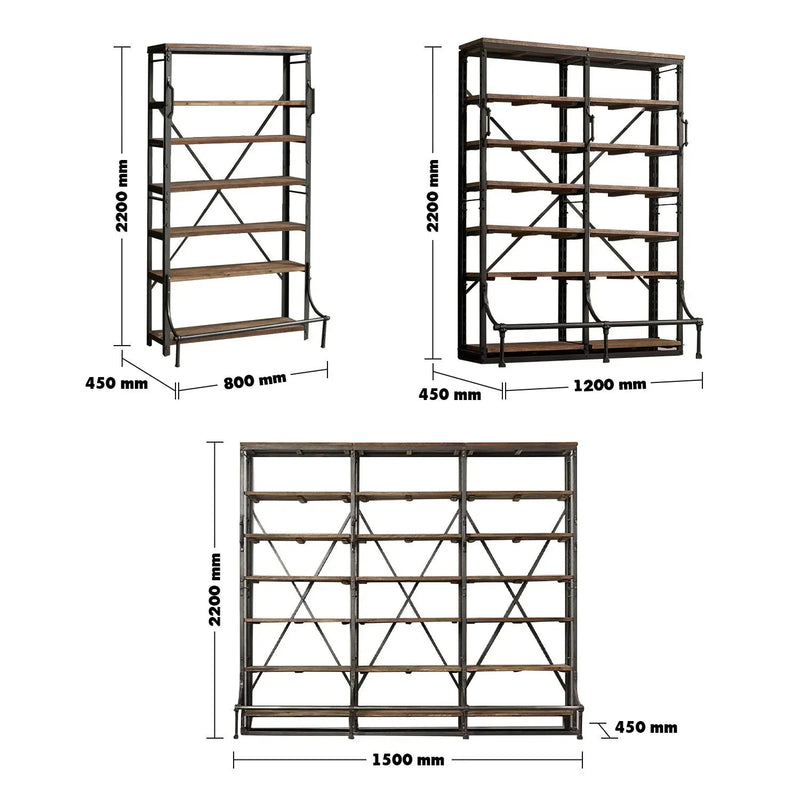Industrial wood display shelf climber size charts.