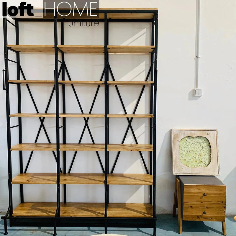 Industrial wood display shelf climber in panoramic view.