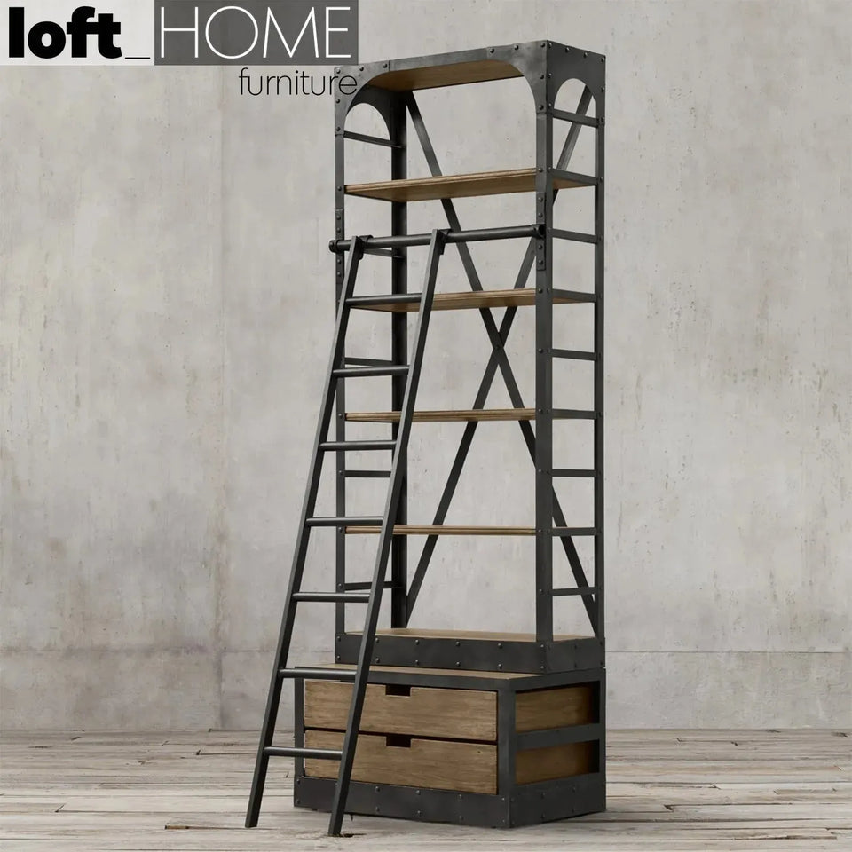 Industrial wood display shelf ladder in still life.