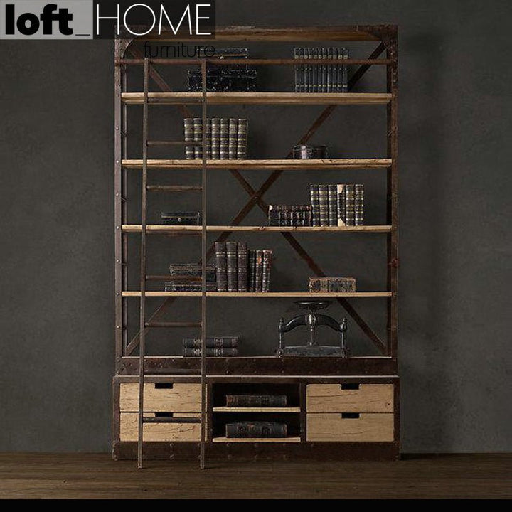 Industrial wood shelf bookshelf ladder conceptual design.
