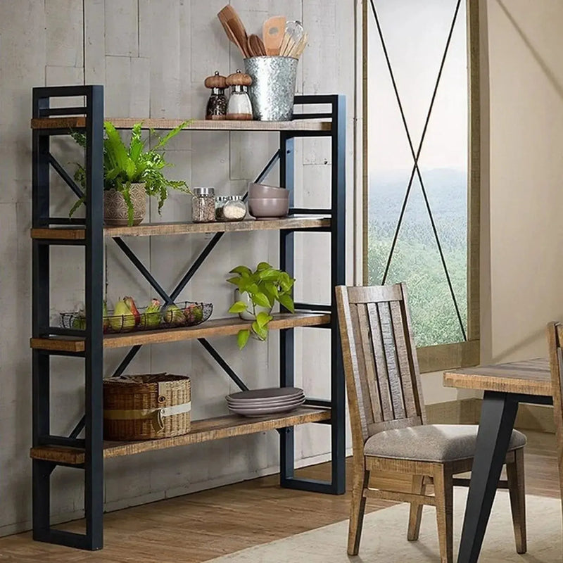 Industrial wood display shelf urban primary product view.