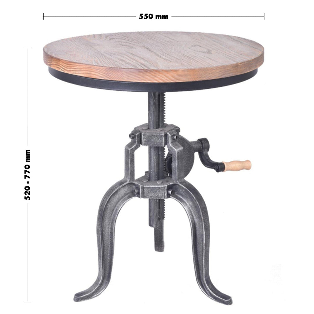 Industrial wood side table height adjustable size charts.