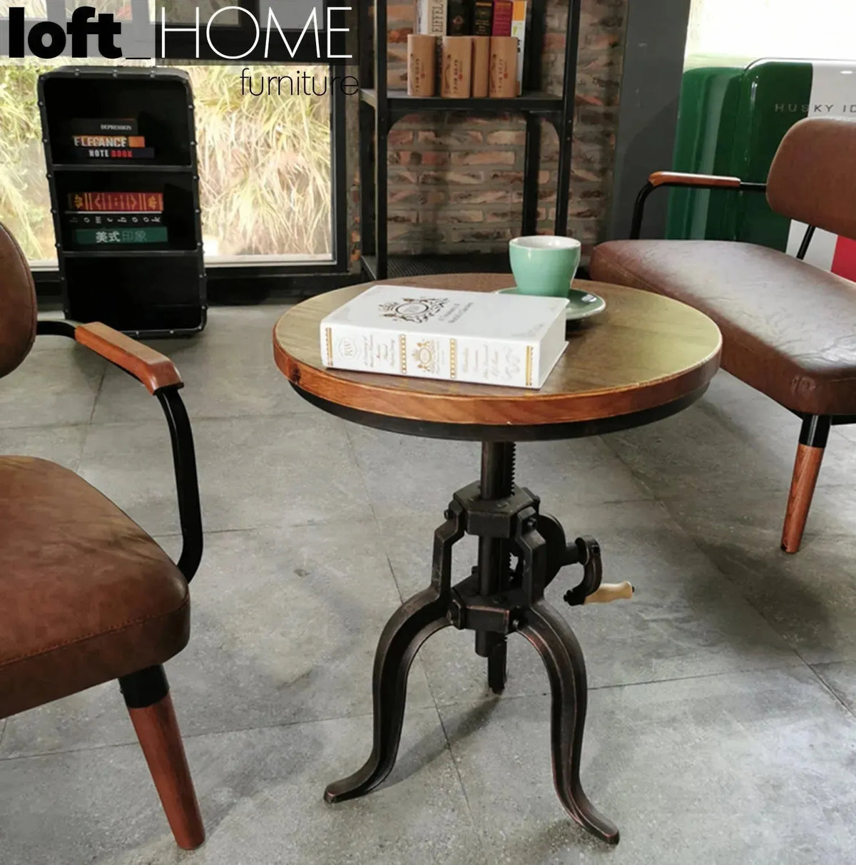 Industrial wood side table height adjustable material variants.