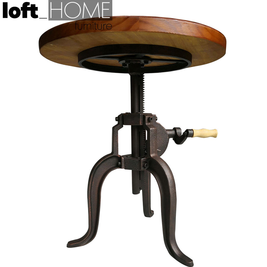 Industrial wood side table height adjustable in panoramic view.
