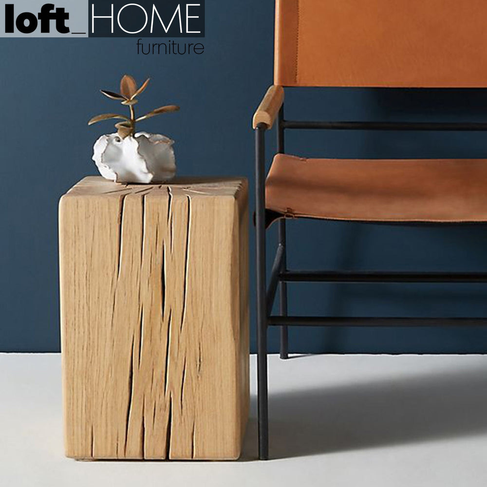 Industrial wood side table root primary product view.