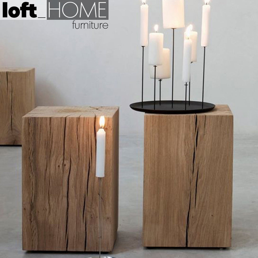 Industrial wood side table root in real life style.