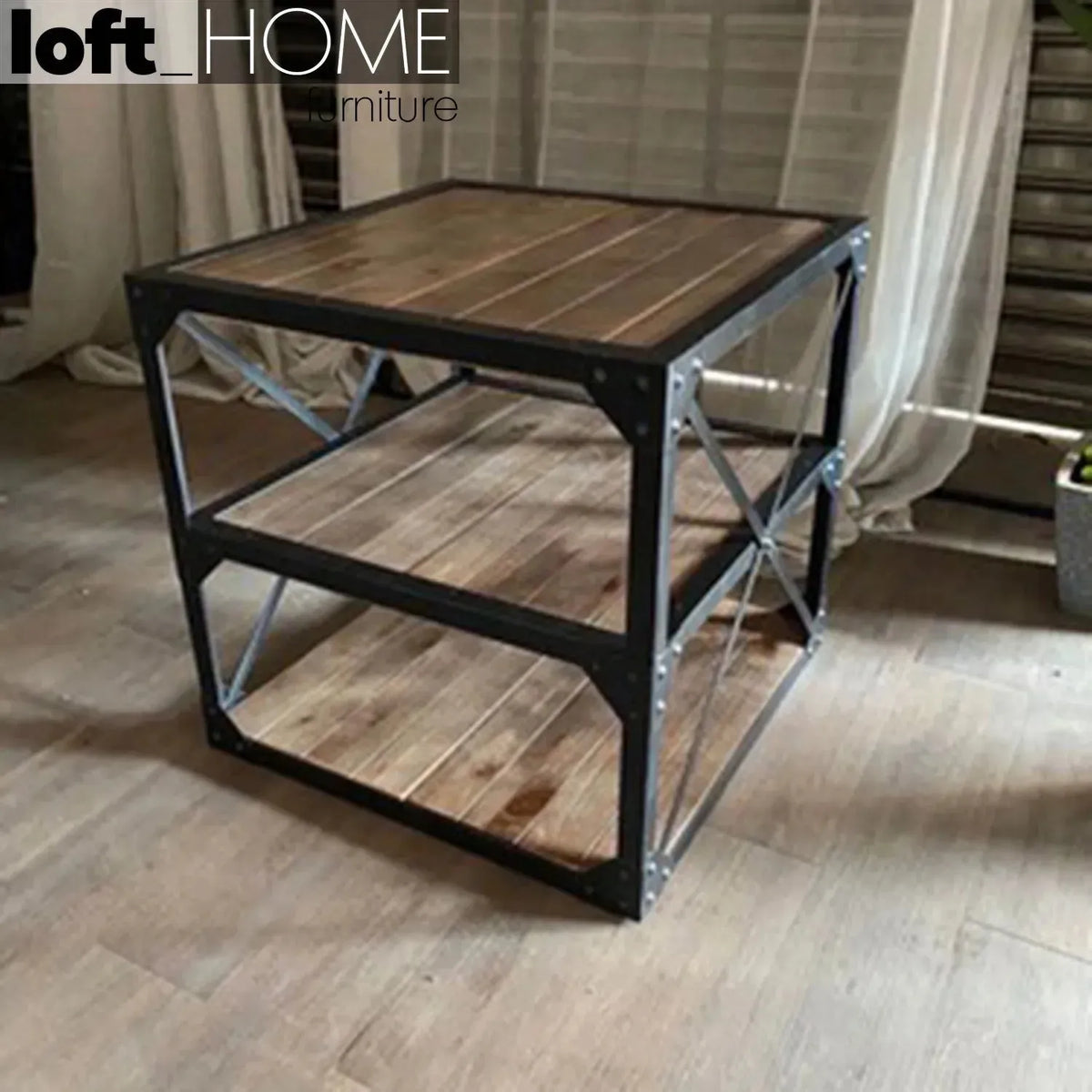 Industrial wood side table sebastian with context.