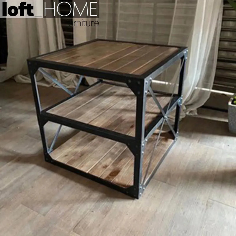 Industrial wood side table sebastian with context.