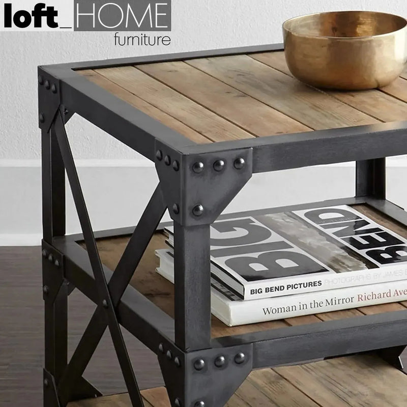 Industrial wood side table sebastian material variants.