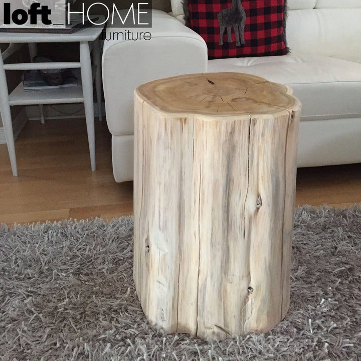 Industrial wood side table stump with context.