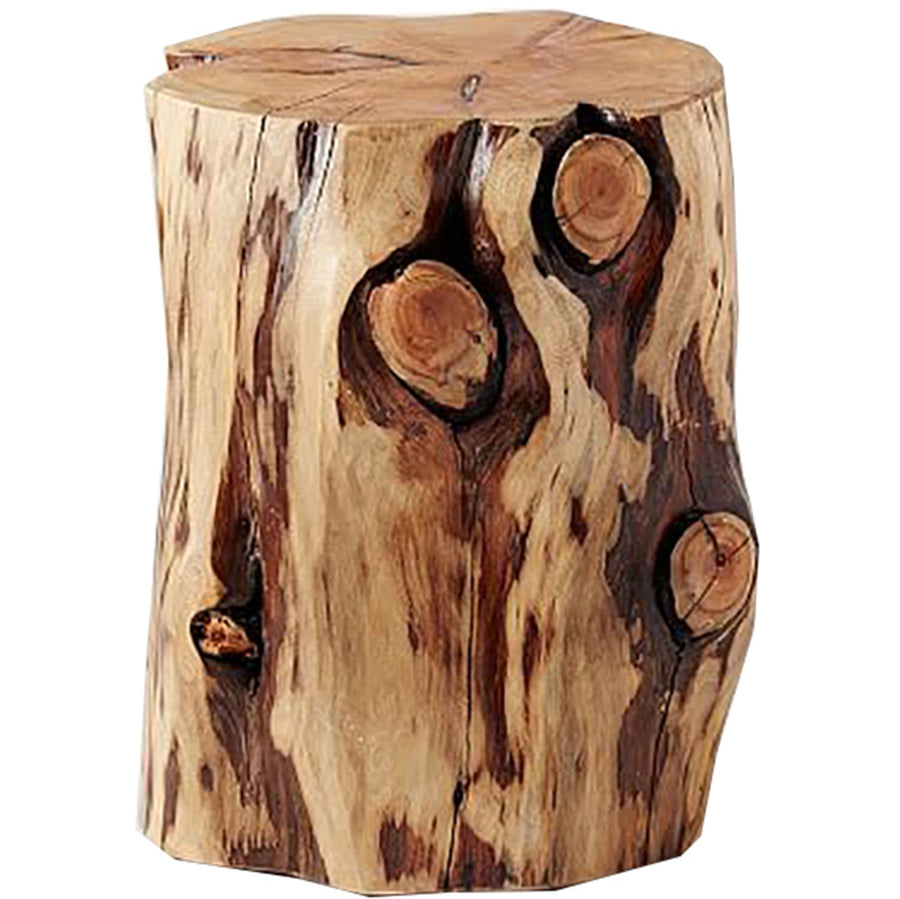 Industrial wood side table stump in white background.