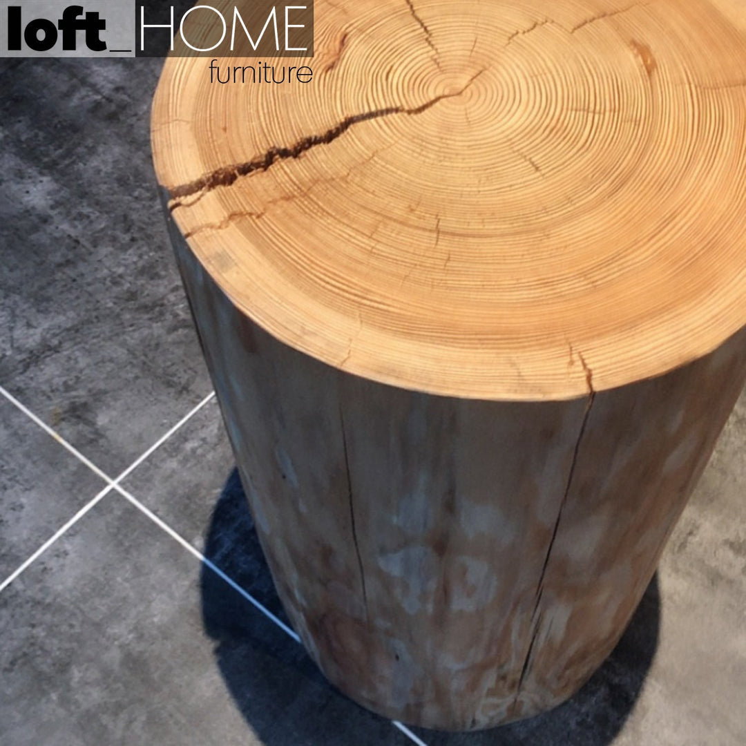 Industrial wood side table stump in details.