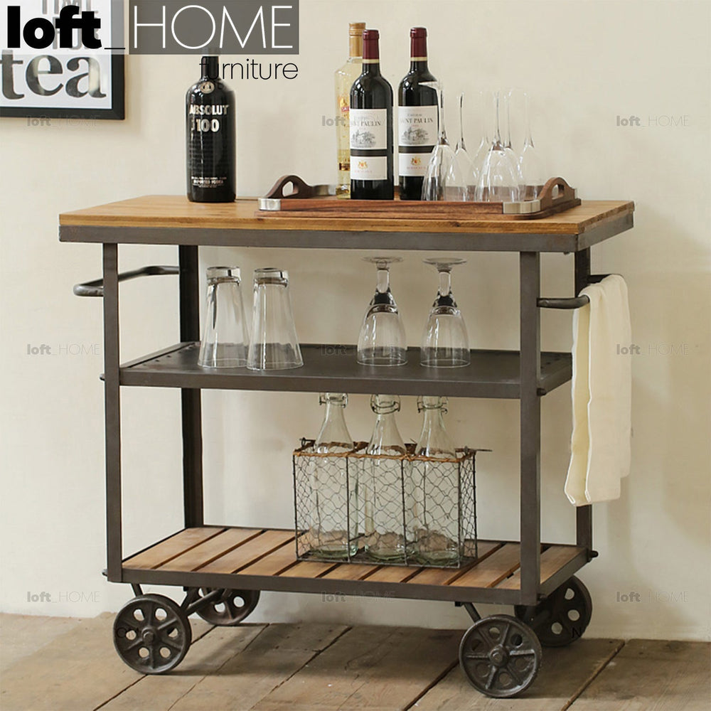 Industrial wood side table trolley primary product view.