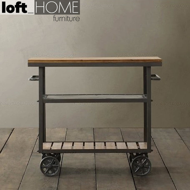 Industrial wood side table trolley with context.