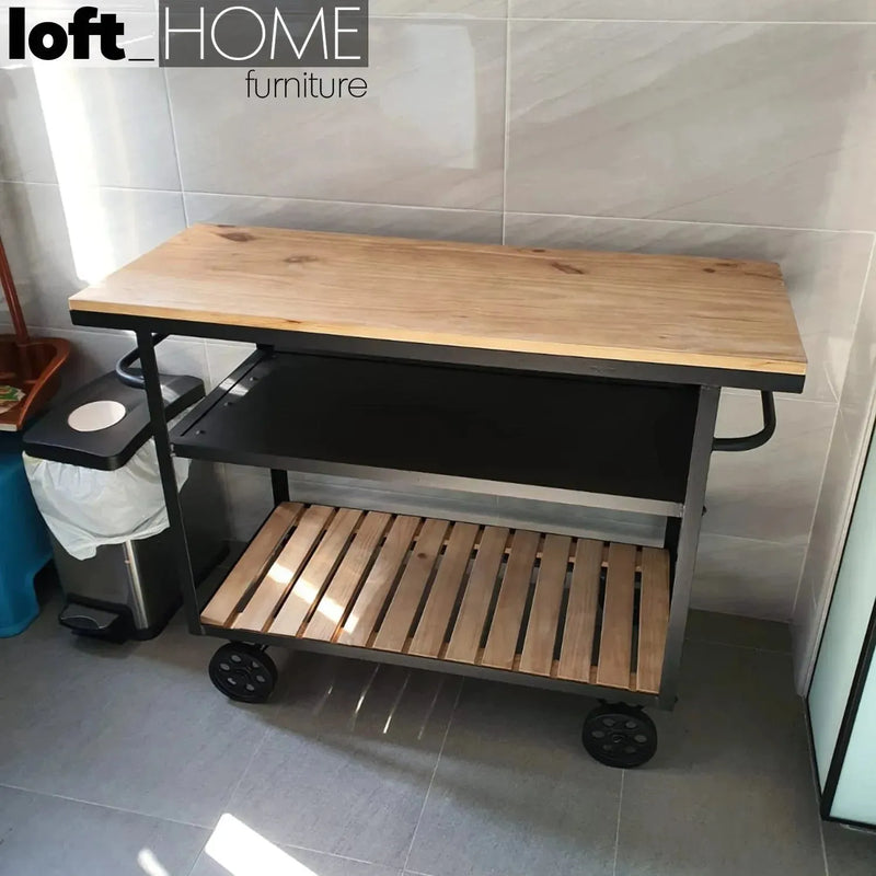 Industrial wood side table trolley environmental situation.