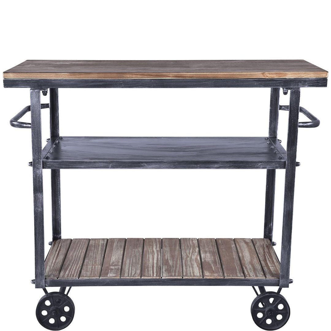 Industrial wood side table trolley detail 7.