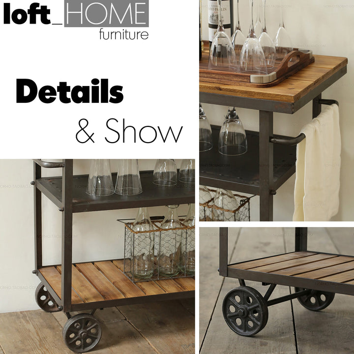 Industrial wood side table trolley in real life style.