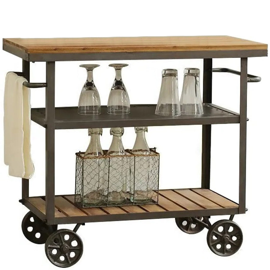 Industrial wood side table trolley in white background.