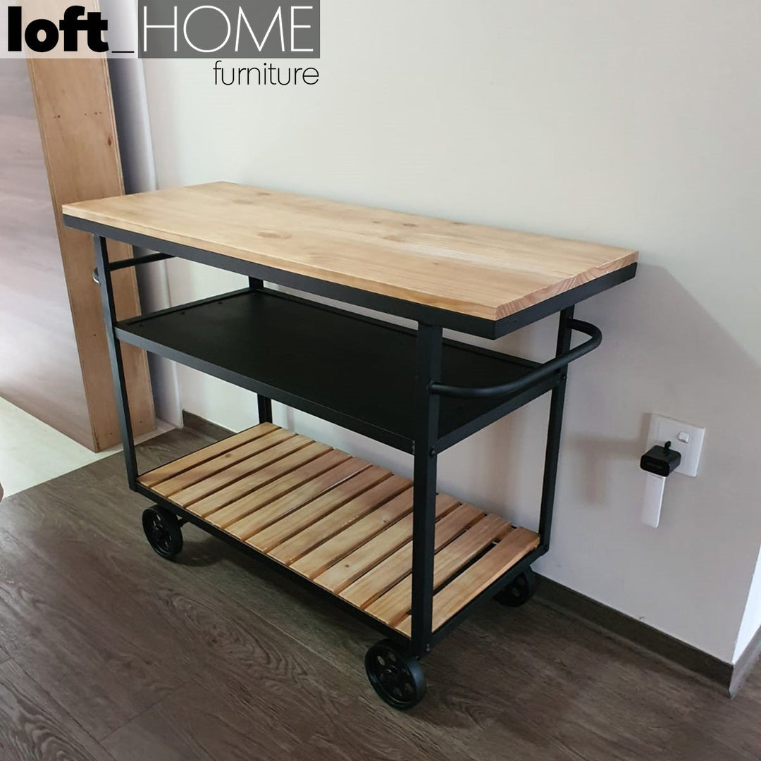 Industrial wood side table trolley conceptual design.