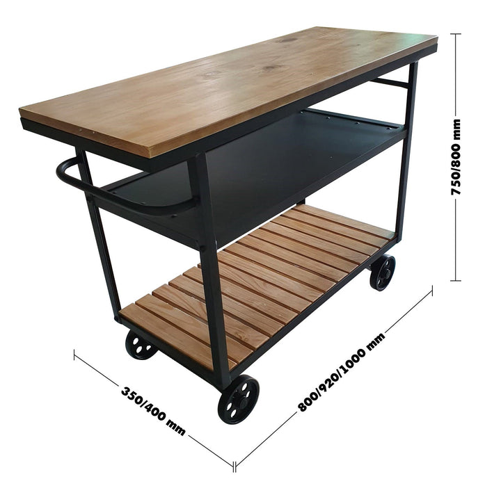 Industrial wood side table trolley size charts.