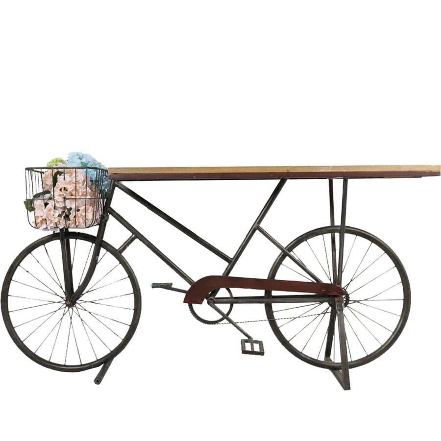 Industrial wood study table bicycle in white background.