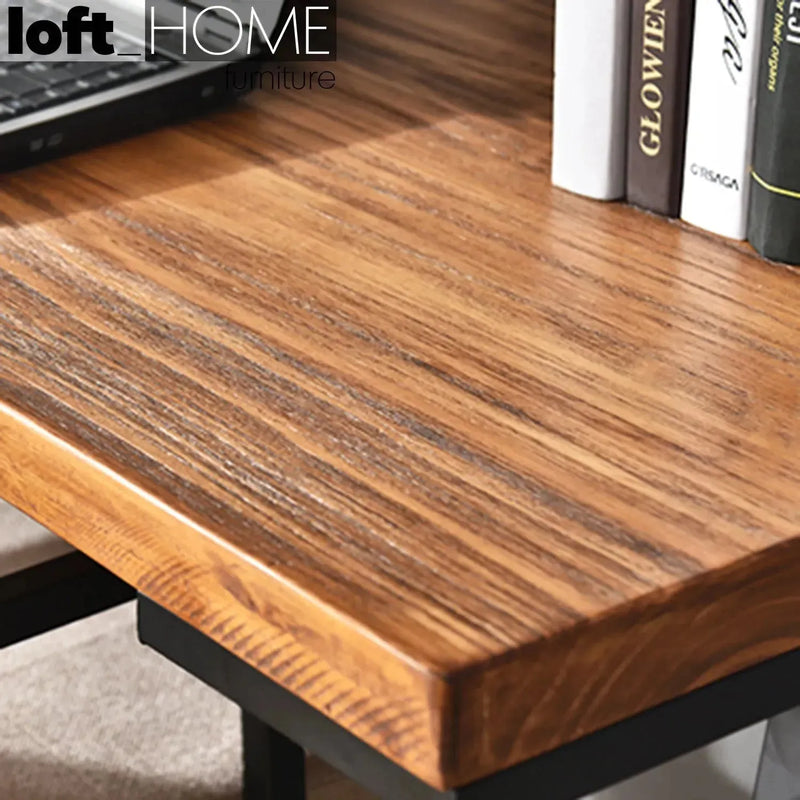 Industrial wood study table with shelf set mysteel in details.