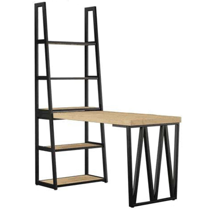 Industrial wood study table with shelf set mysteel in white background.