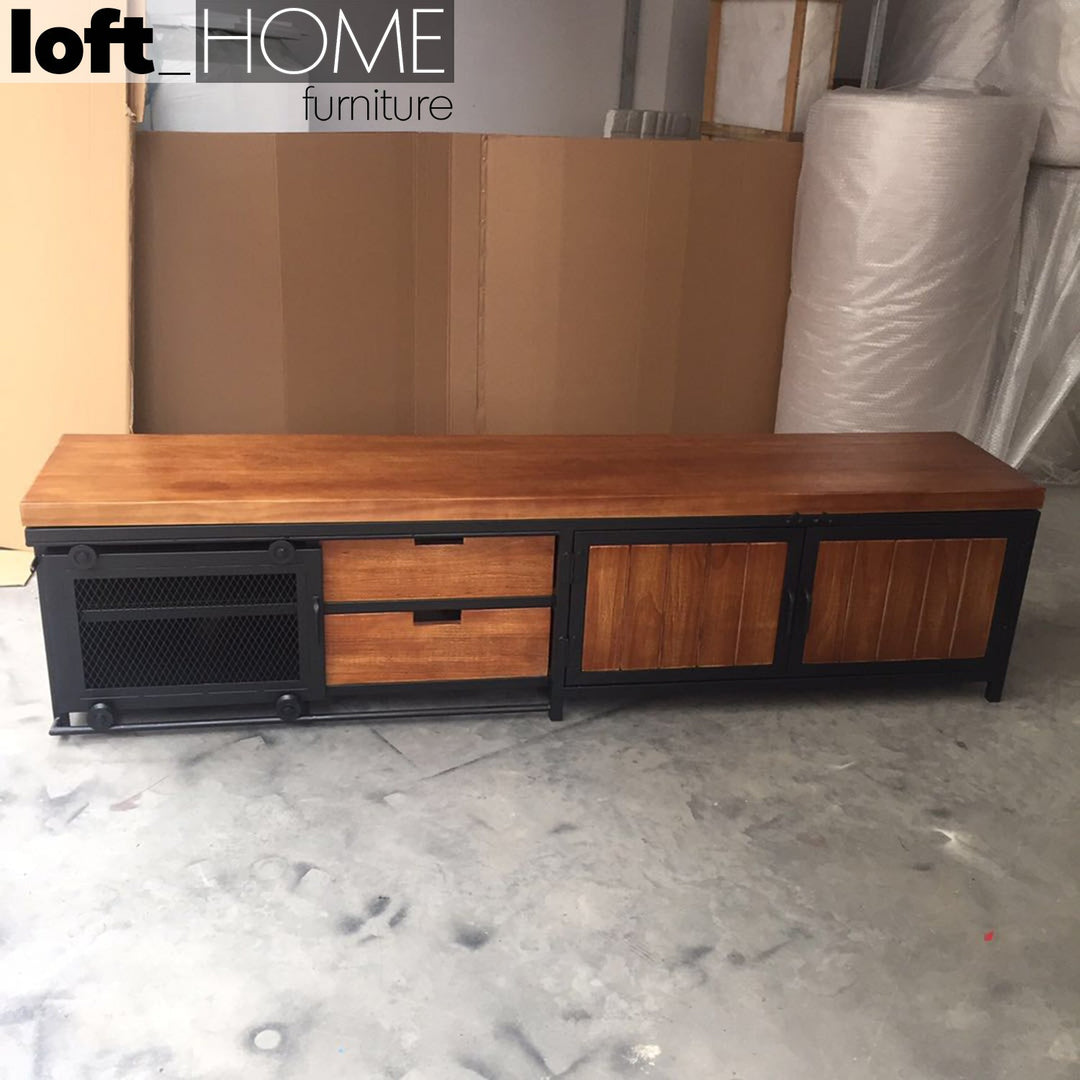 Industrial wood tv console barn primary product view.