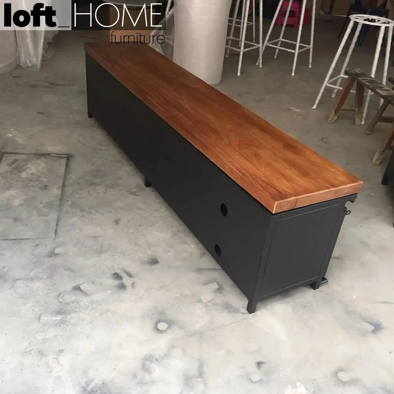 Industrial wood tv console barn in real life style.