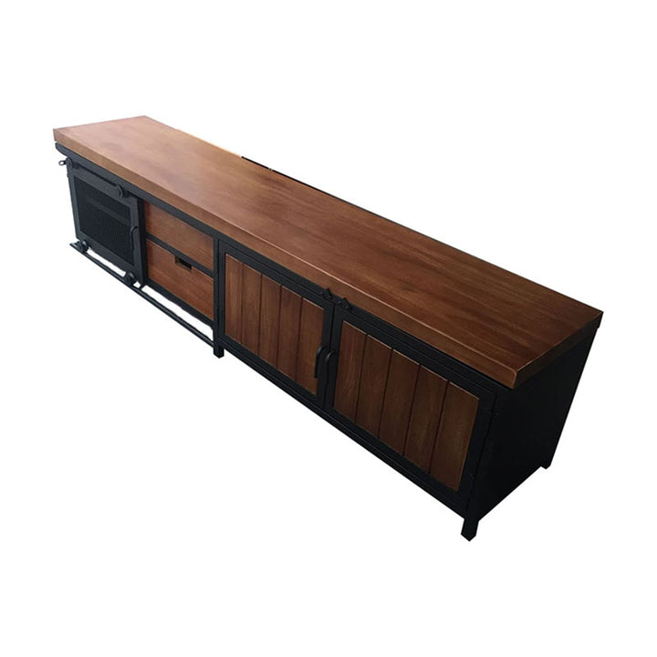 Industrial wood tv console barn in panoramic view.