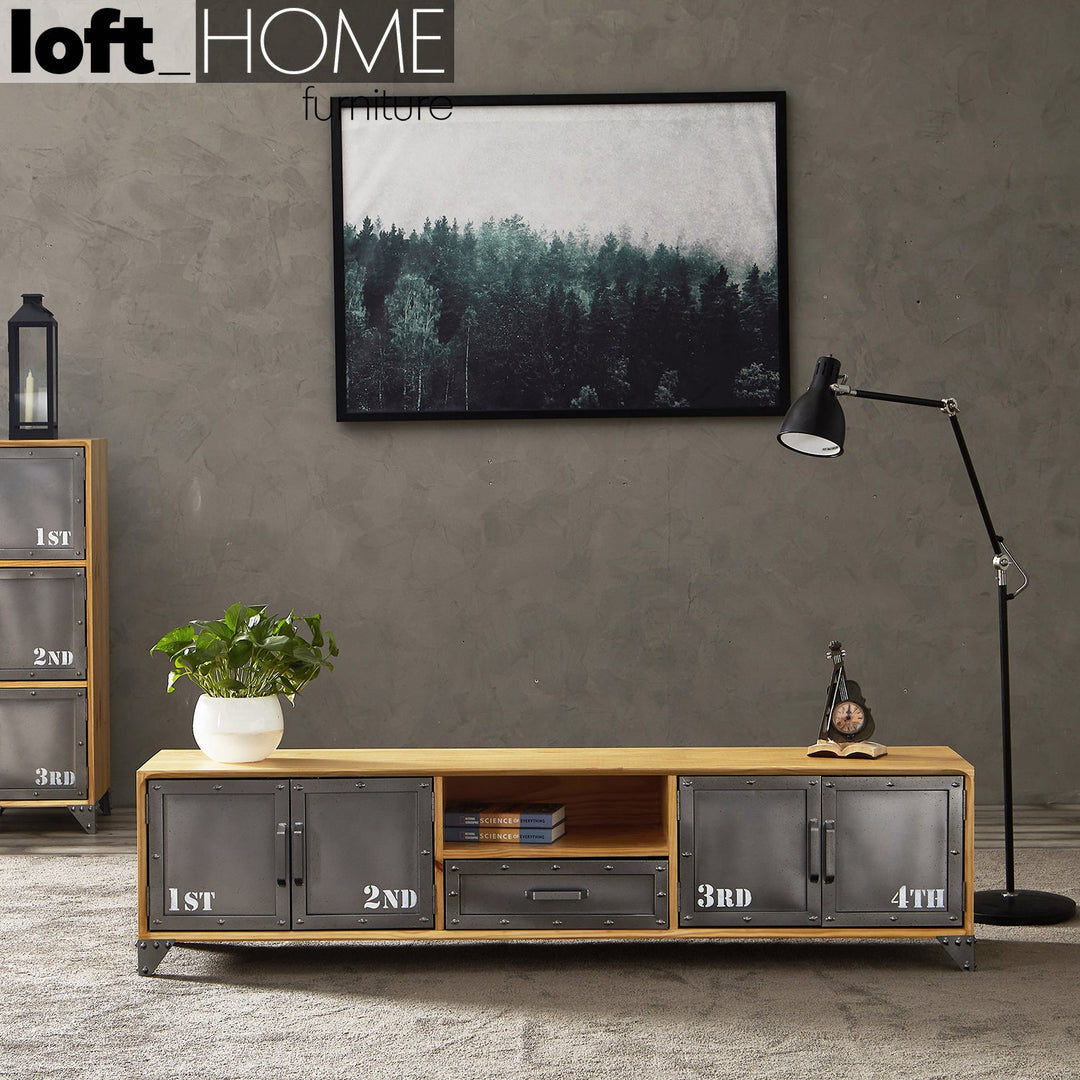 Industrial wood tv console loftsteel material variants.