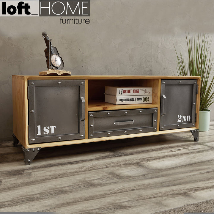 Industrial wood tv console loftsteel in still life.