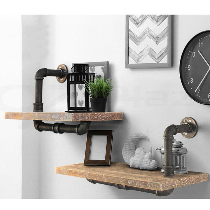 Industrial wood wall shelf 2pcs set pipe with context.