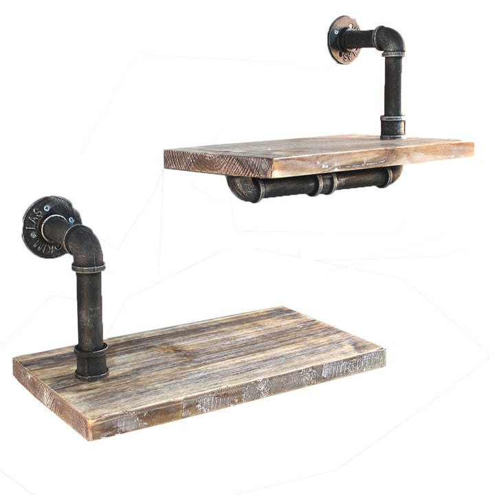 Industrial wood wall shelf 2pcs set pipe in white background.