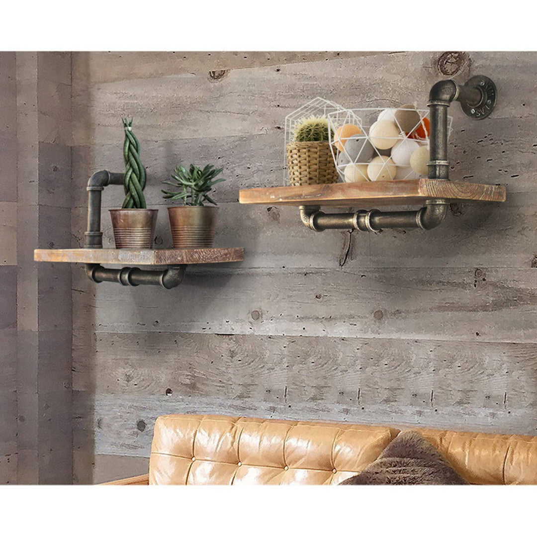 Industrial wood wall shelf 2pcs set pipe in details.