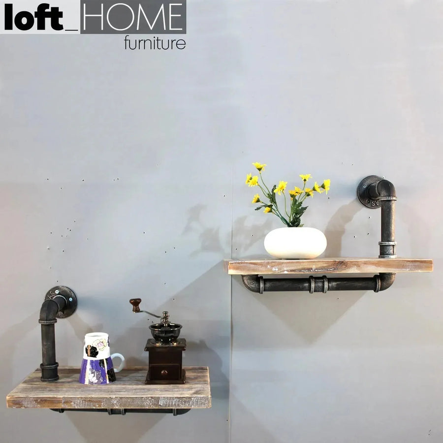 Industrial wood wall shelf 2pcs set pipe primary product view.