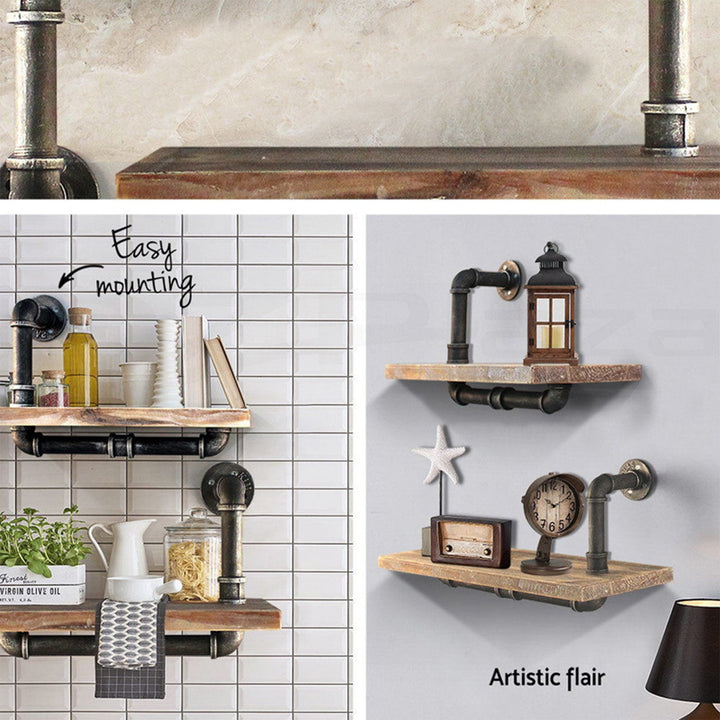 Industrial wood wall shelf 2pcs set pipe in close up details.
