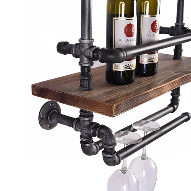Industrial wood wall shelf pipe wine in close up details.
