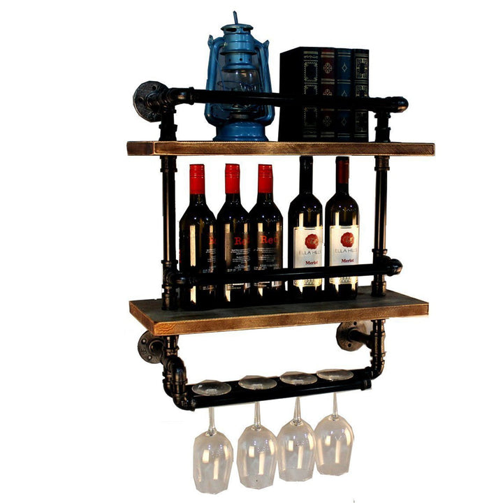 Industrial wood wall shelf pipe wine with context.