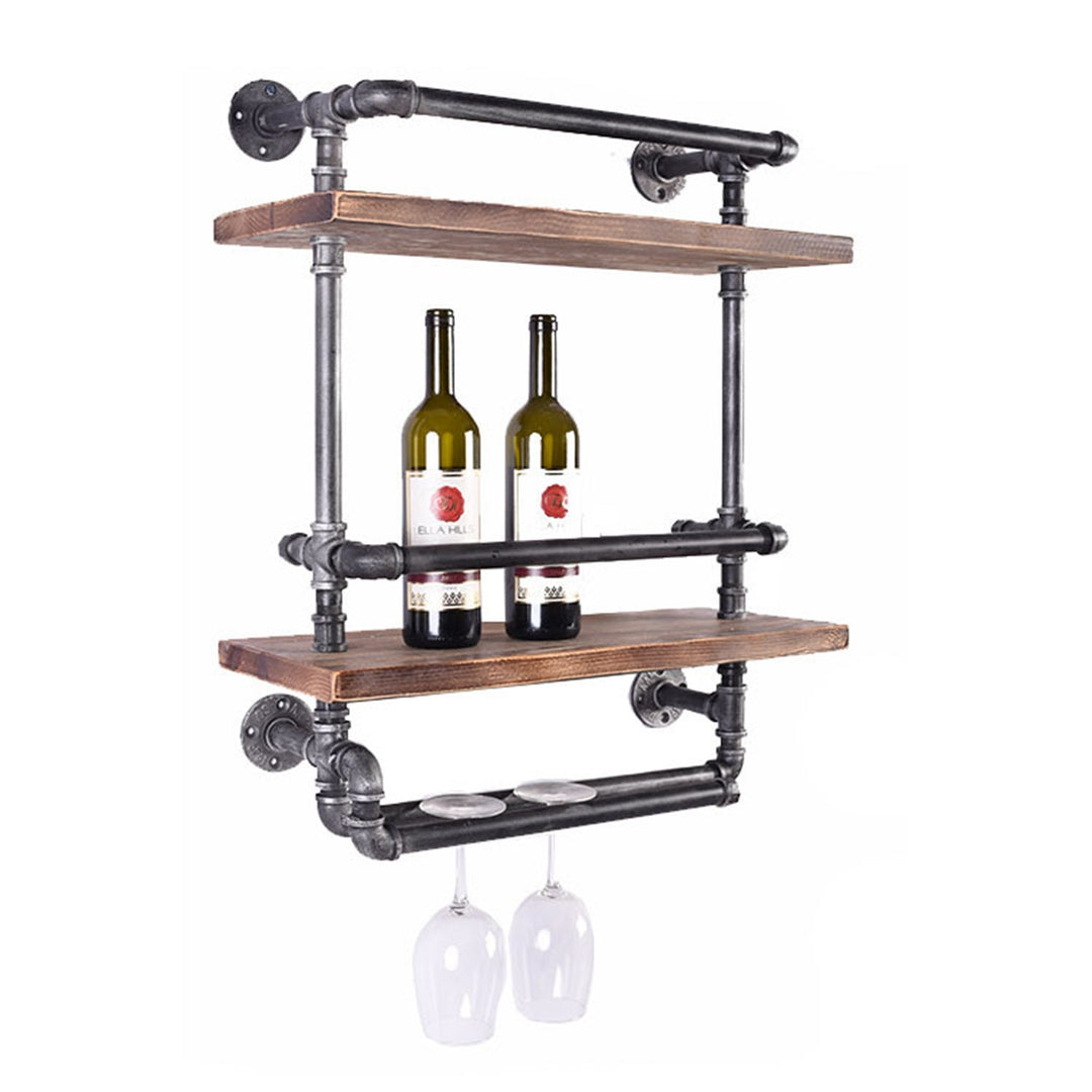 Industrial wood wall shelf pipe wine in panoramic view.